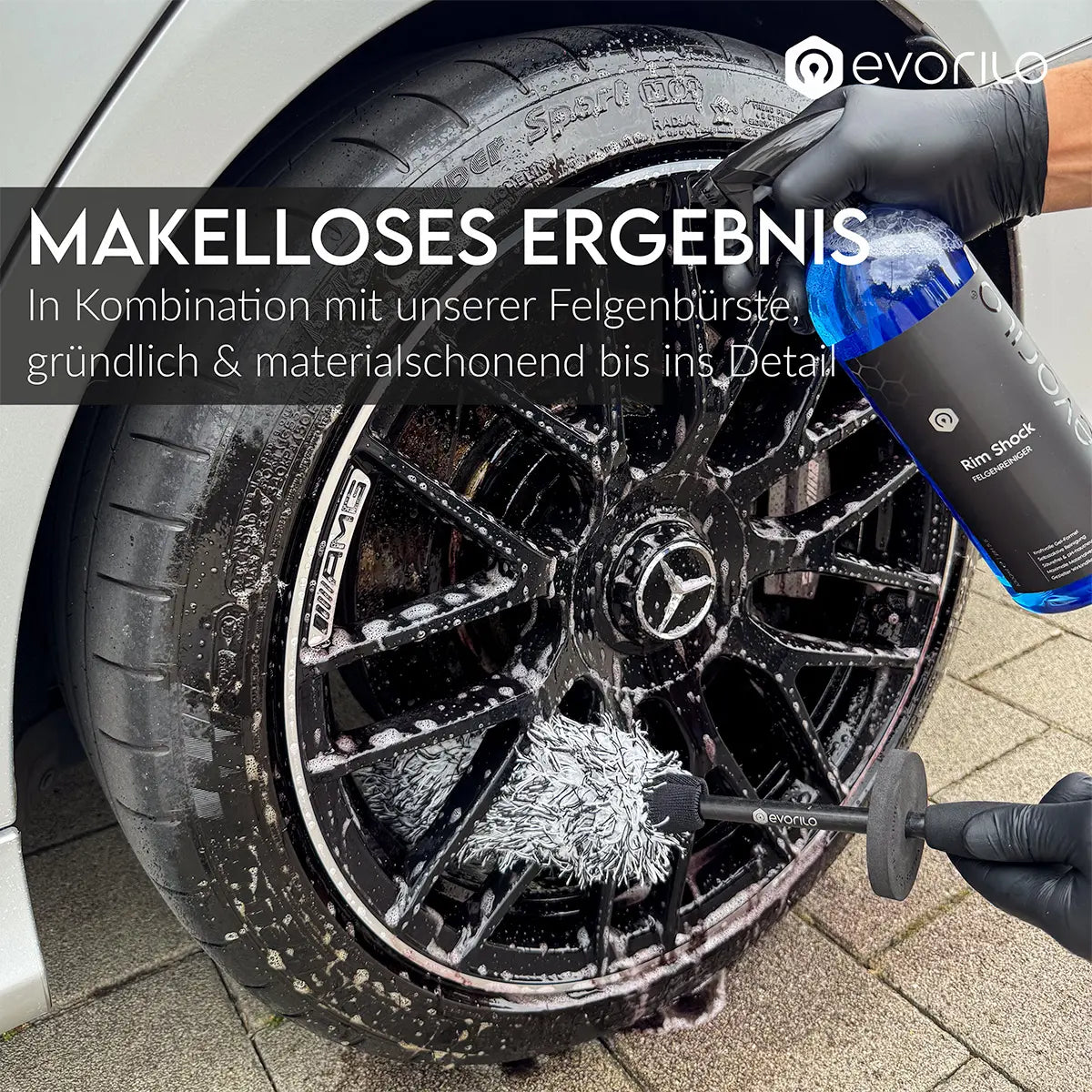 evorilo Rim Shock Felgenreiniger angewendet auf Autoreifen mit Bürste für makellos saubere Felgen und schonende Pflege