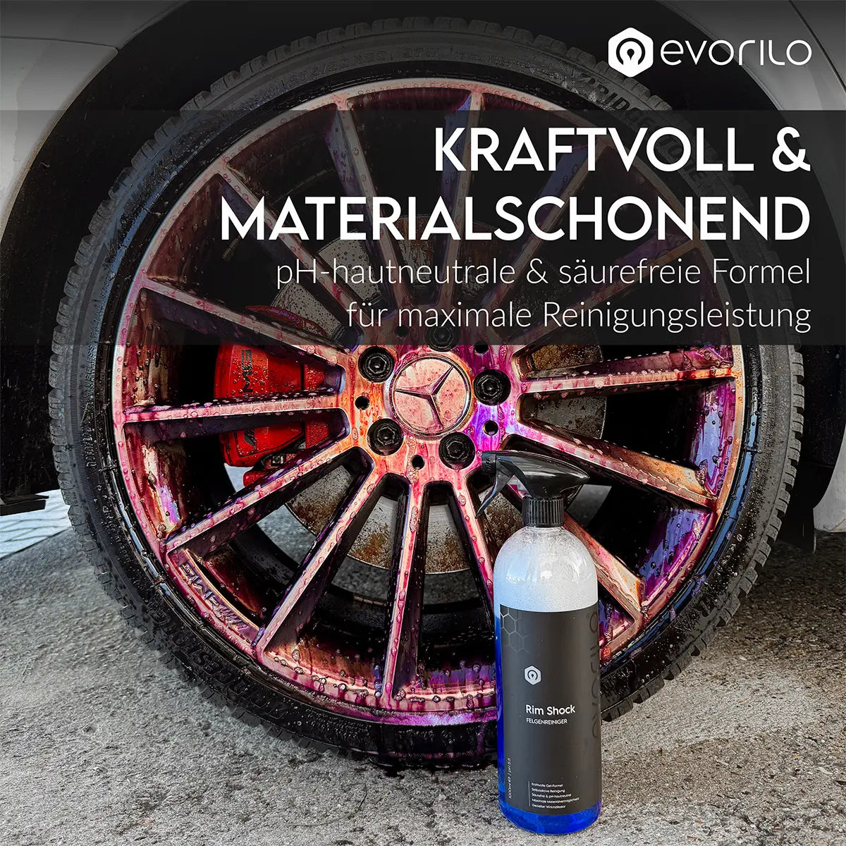 evorilo Rim Shock Felgenreiniger vor einer schmutzigen Autoreifenfelge für kraftvolle und materialschonende Reinigung.