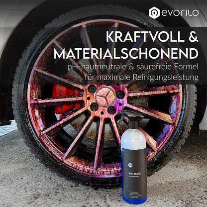 evorilo Rim Shock Felgenreiniger vor einer schmutzigen Autoreifenfelge für kraftvolle und materialschonende Reinigung.