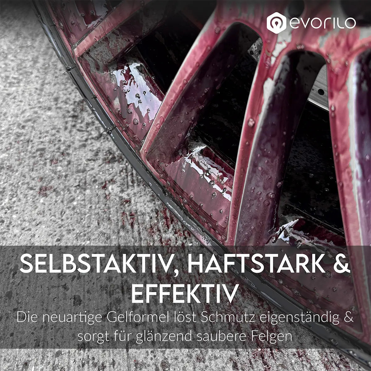 evorilo Rim Shock Felgenreiniger auf nasser Felge für effektive Schmutzentfernung und glänzende Reinigung.