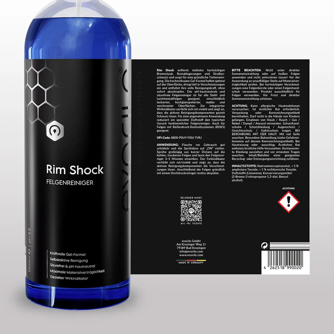 evorilo Rim Shock Felgenreiniger Flasche, ideal zur Reinigung von Stahl- und Aluminiumfelgen, kraftvolle Gel-Formel.