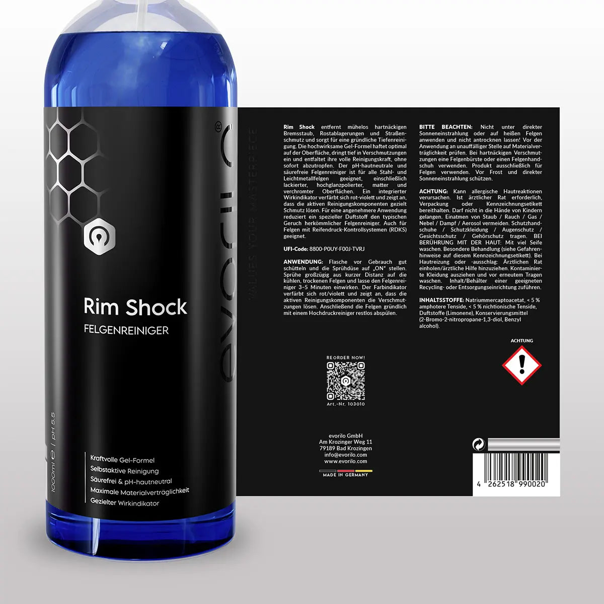evorilo Rim Shock Felgenreiniger Flasche, ideal zur Reinigung von Stahl- und Aluminiumfelgen, kraftvolle Gel-Formel.
