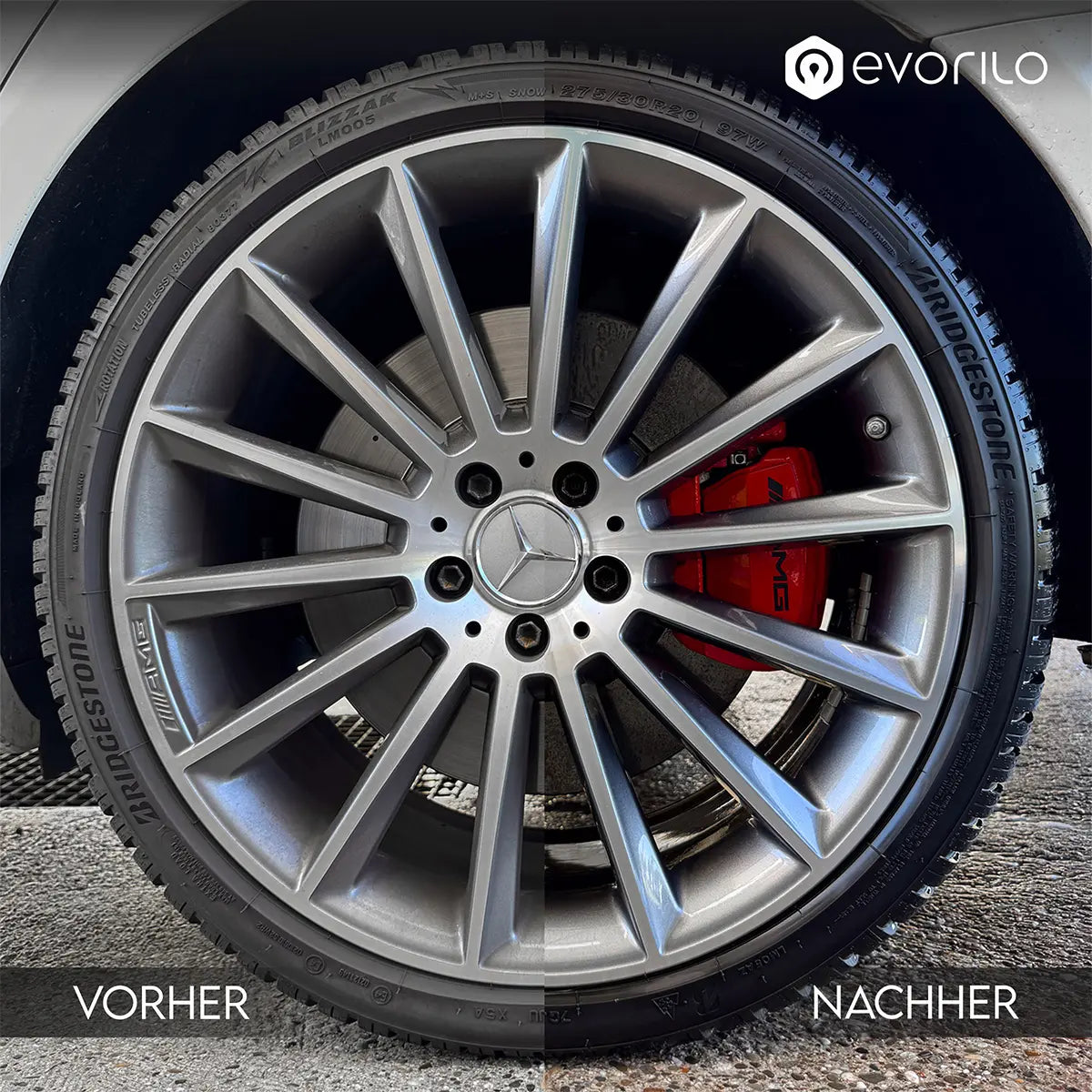 Felge eines Autos vor und nach Reinigung mit evorilo Rim Shock Felgenreiniger sichtbar glänzend und sauber.