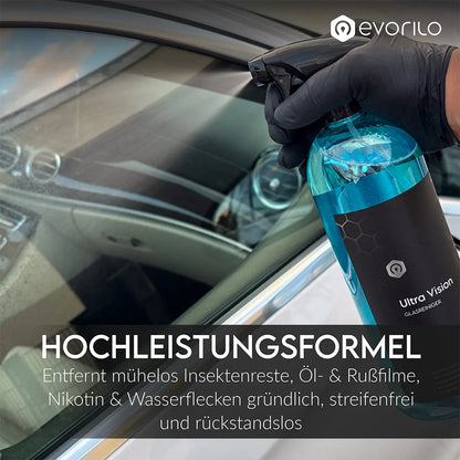 evorilo Ultra Vision Glasreiniger Anwendung an Autofenster für gründliche, streifenfreie Reinigung von Insektenresten und Schmutz