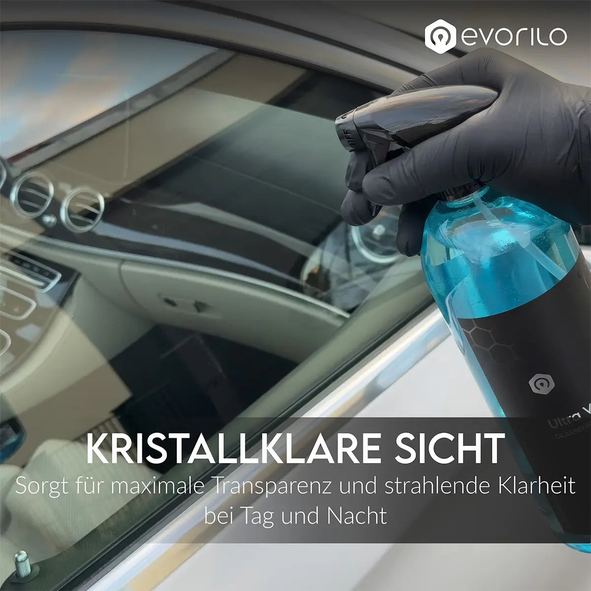 evorilo Ultra Vision Glasreiniger wird auf Fahrzeugscheibe gesprüht, sorgt für klare Sicht und saubere Fenster.