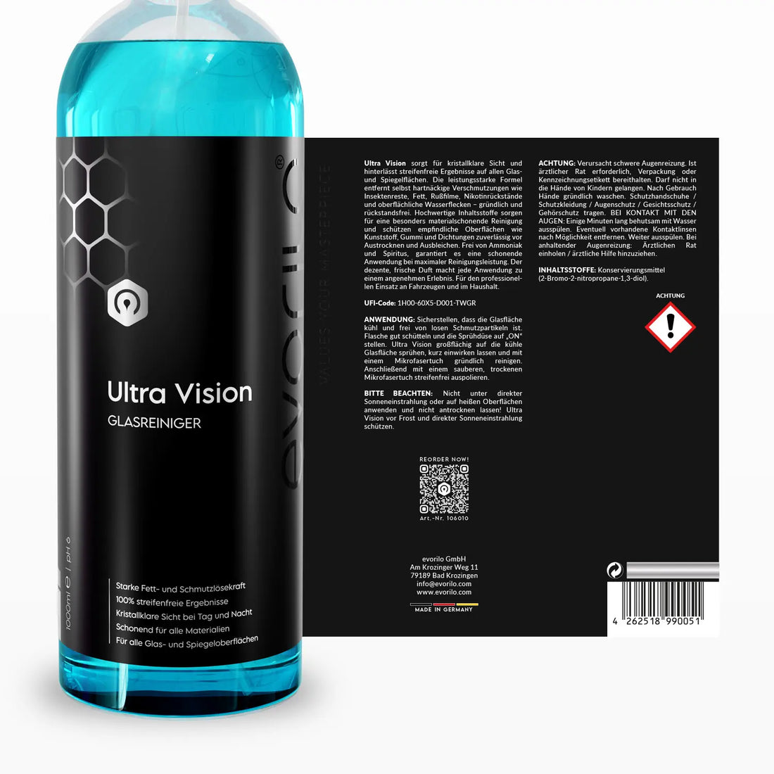 evorilo Ultra Vision Glasreiniger Flasche mit blauem Reiniger für streifenfreie Glas- und Spiegelreinigung im Haushalt und Auto.