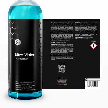 evorilo Ultra Vision Glasreiniger Flasche mit blauem Reiniger für streifenfreie Glas- und Spiegelreinigung im Haushalt und Auto.